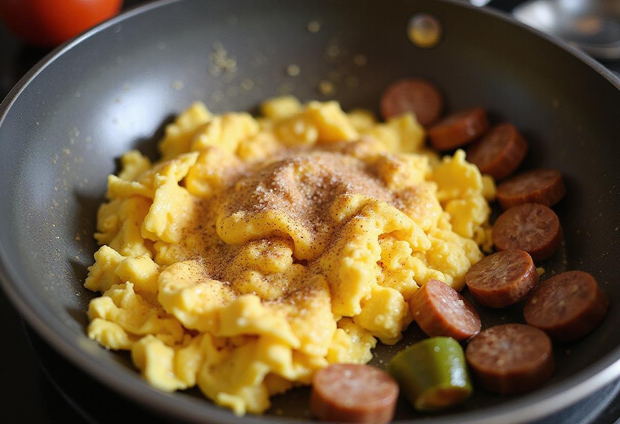 Fluffy scrambled eggs prepared for Jimmy Dean's breakfast burrito, ready to combine with sausage and vegetables.