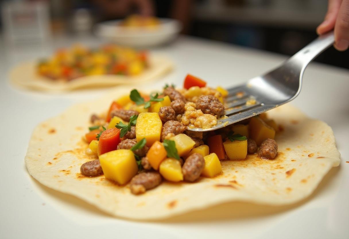 Preparing Jimmy Dean's breakfast burrito with a filling of sausage, vegetables, and scrambled eggs in tortillas.