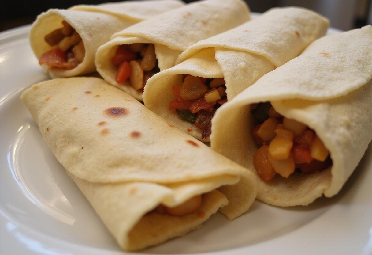 Rolling the filled tortillas for Jimmy Dean's breakfast burritos, showcasing the vibrant and delicious filling.