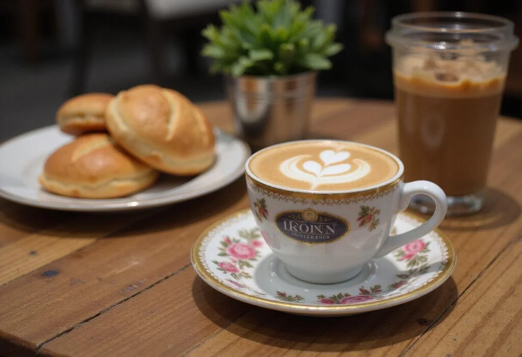 Elegant final presentation of John Brown's coffee with pastries, demonstrating the perfect coffee experience in a cozy café setting.