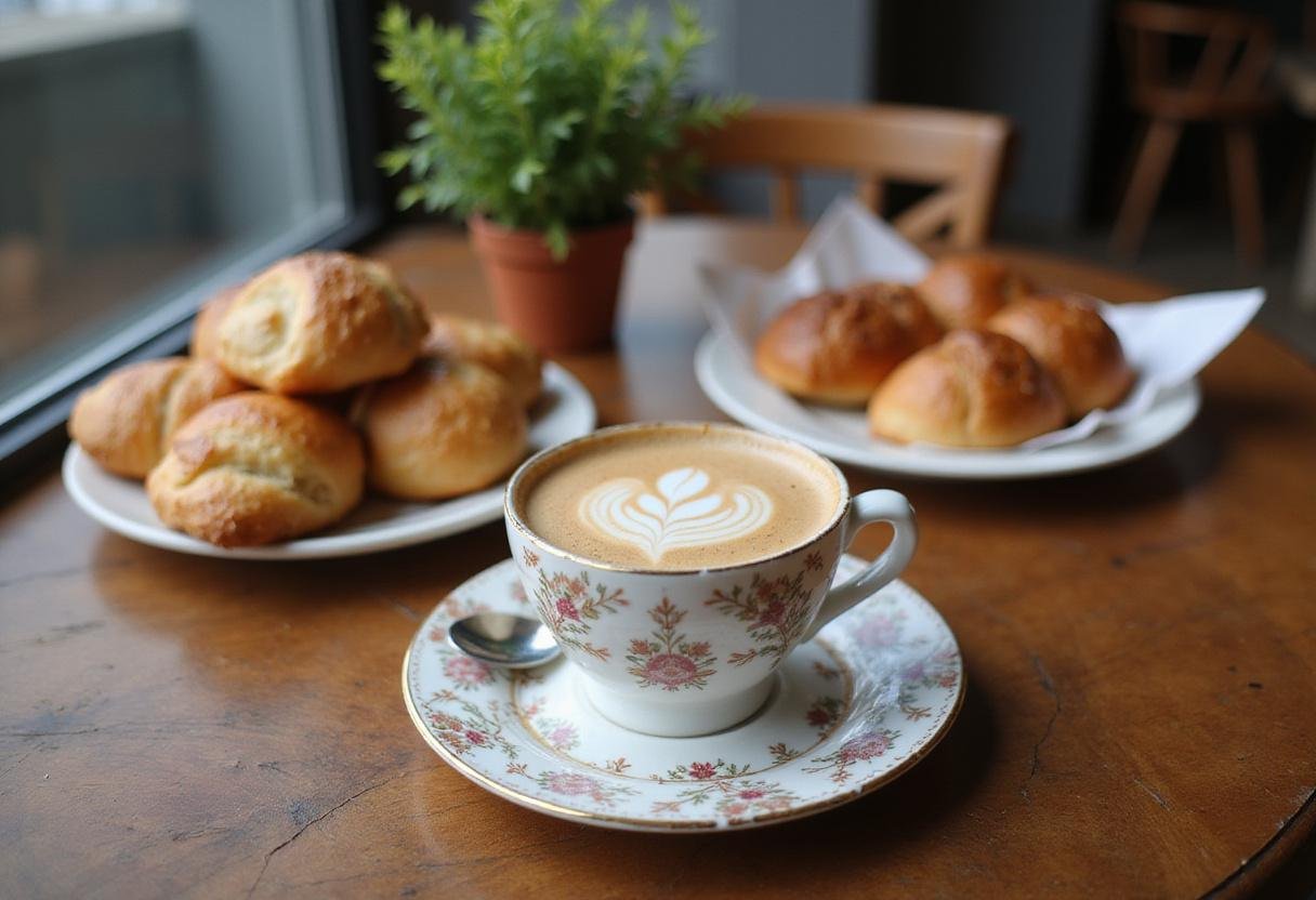 Elegant final presentation of John Brown's coffee with pastries, demonstrating the perfect coffee experience in a cozy café setting.