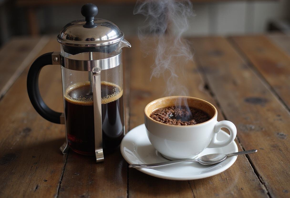 Freshly brewed John Brown coffee poured from a French press into a cup, highlighting its rich color and aroma.