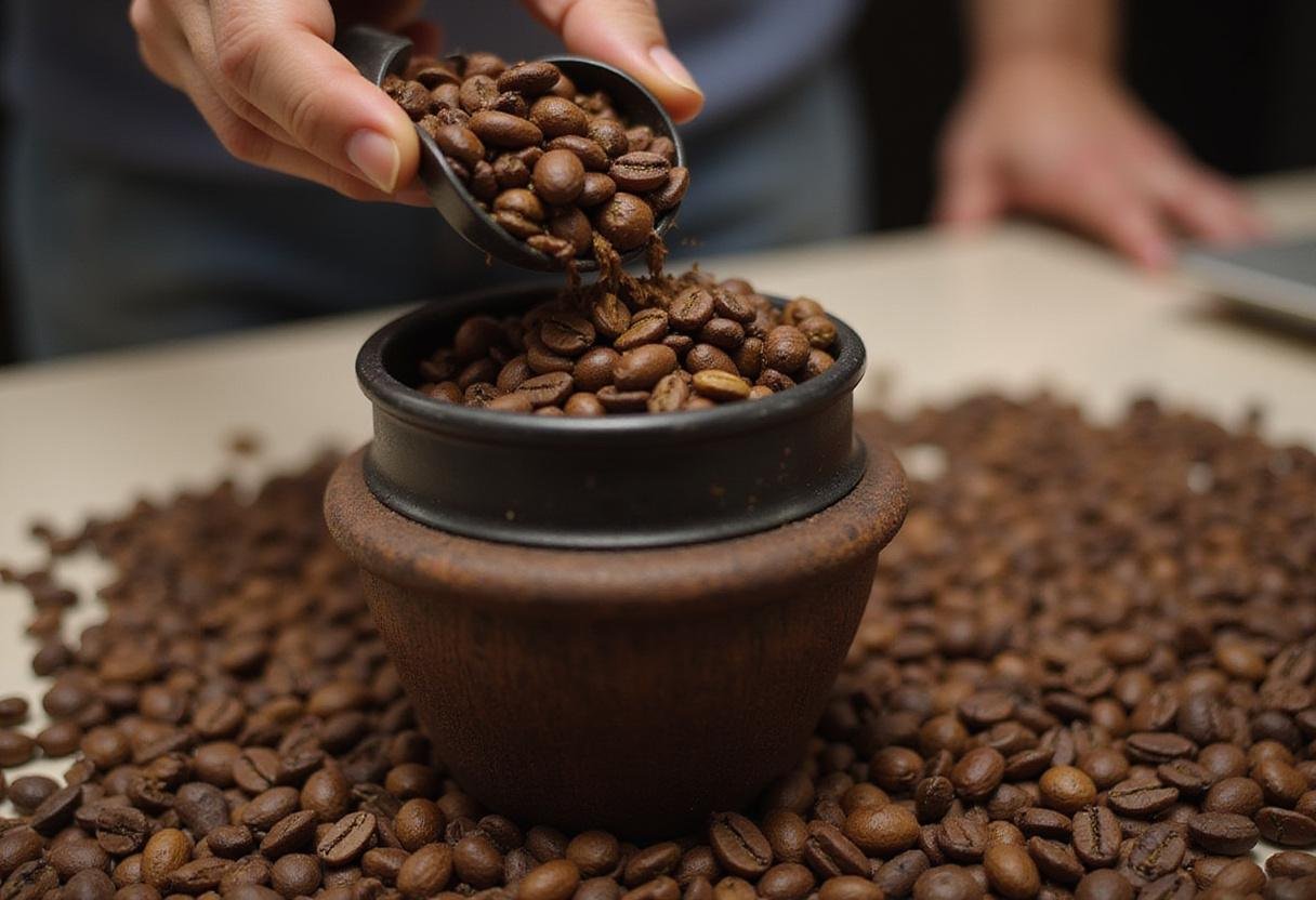 Grinding high-quality coffee beans for John Brown's java, emphasizing the texture and aroma of the fresh-ground coffee.