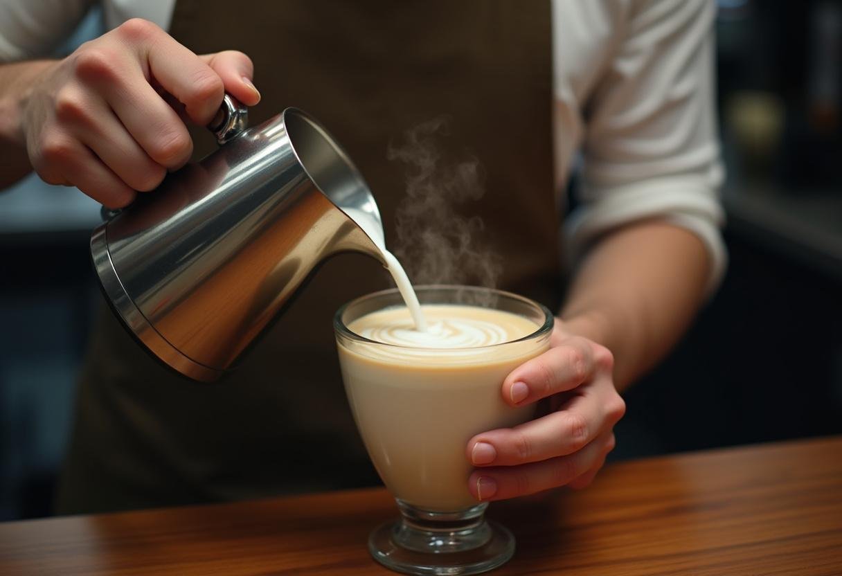 Steaming milk for John Brown coffee, capturing the process of creating smooth froth for a delicious java experience.