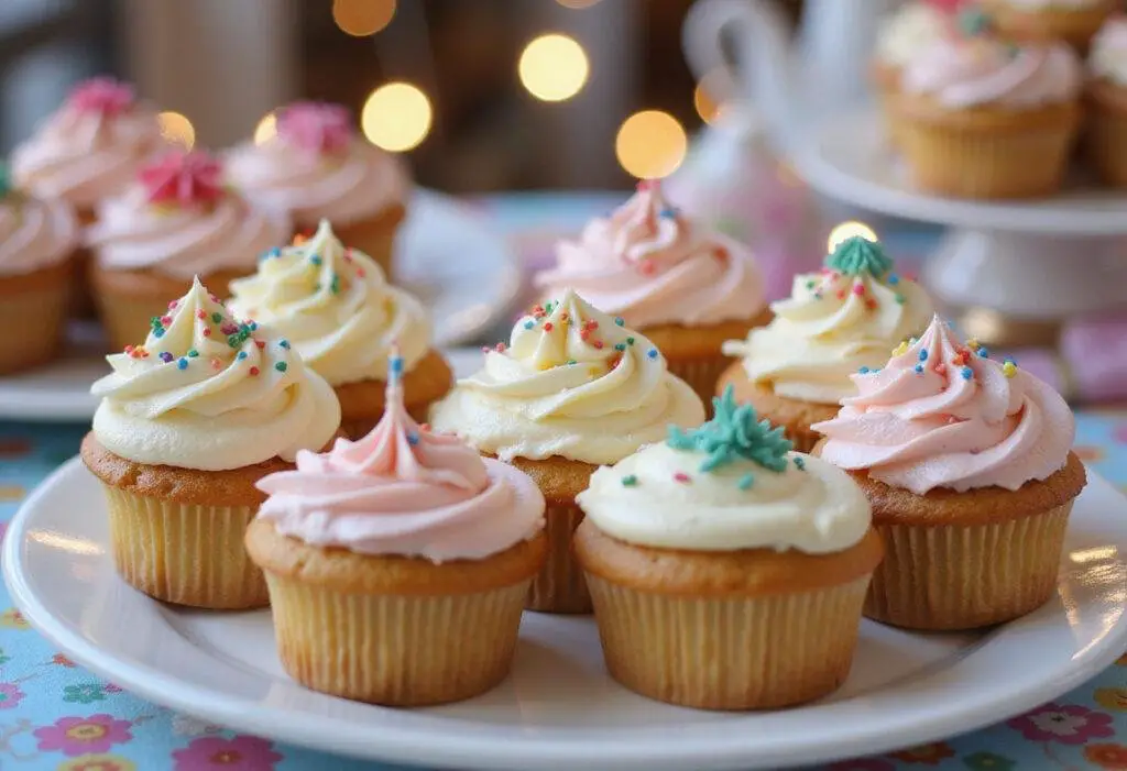 Delicious joyful happy birthday cupcakes with colorful frosting and sprinkles, displayed on a festive birthday table.