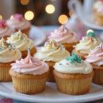 Delicious joyful happy birthday cupcakes with colorful frosting and sprinkles, displayed on a festive birthday table.
