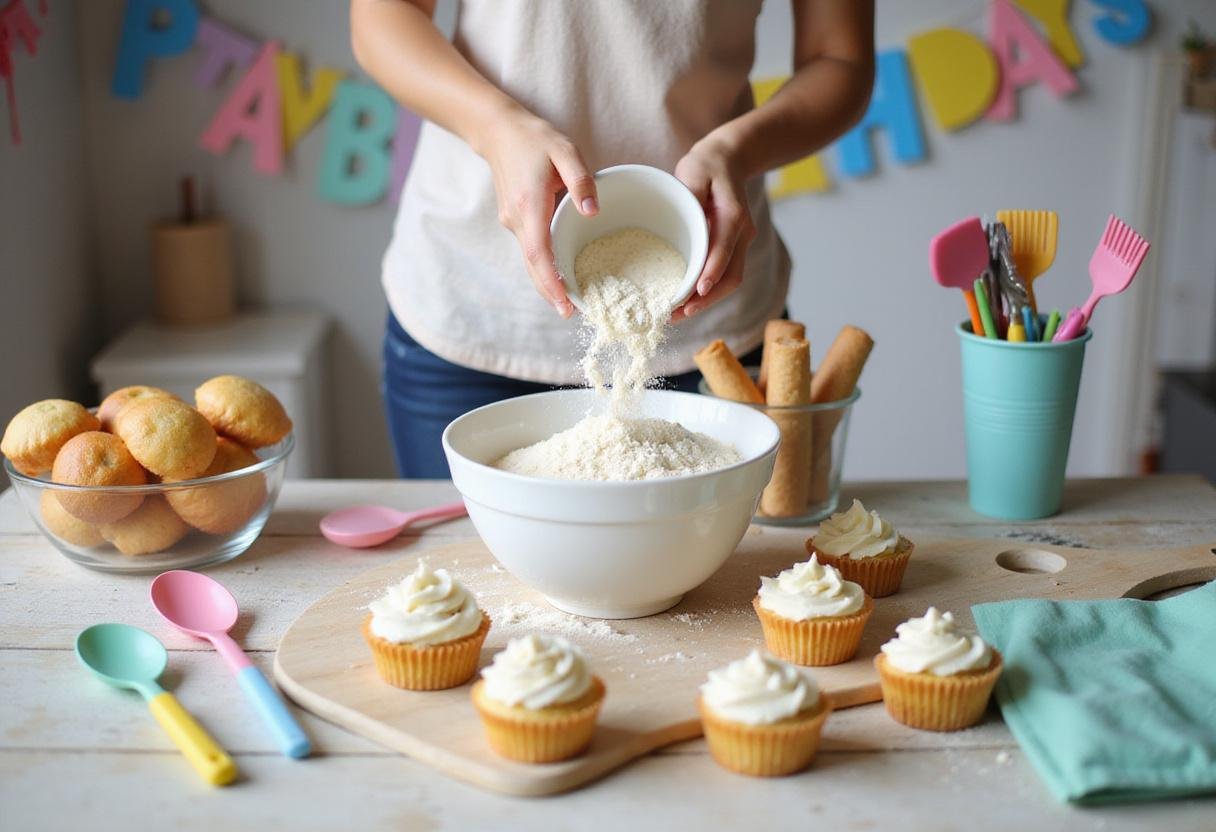 Happy birthday cupcakes preparation with flour, colorful decorations in a cheerful kitchen.