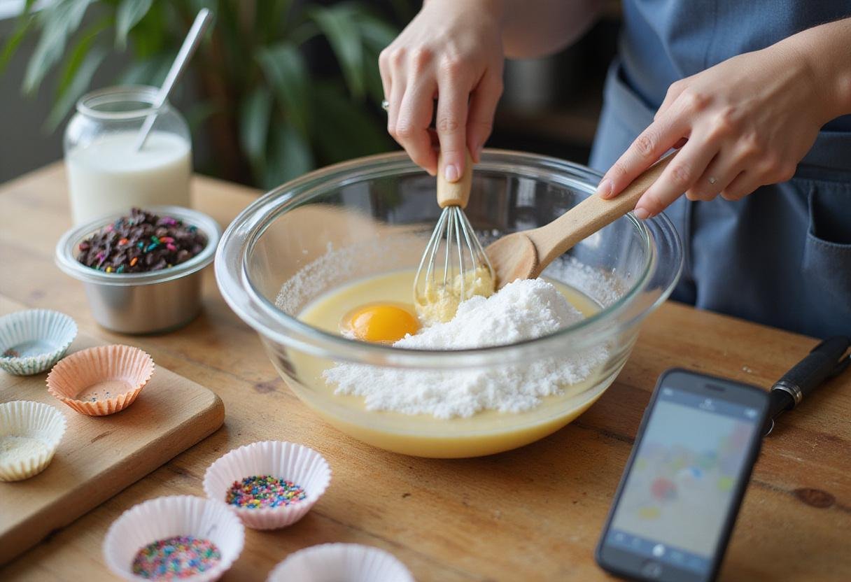 Mixing ingredients for happy birthday cupcakes with sprinkles and cupcake liners in a vibrant kitchen setting.