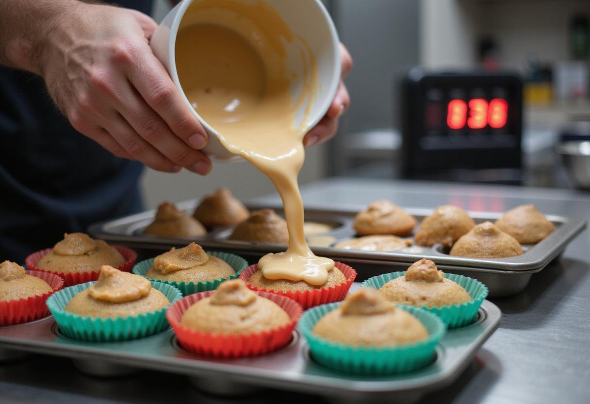 Pouring cupcake batter into liners for birthday cupcakes, baking tray ready, and timer in a colorful kitchen.