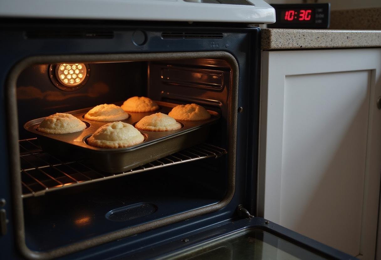 Rising happy birthday cupcakes in oven, with kitchen timer counting down, capturing the excitement of baking.