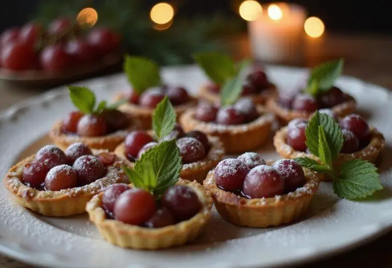 Final display of festive grape tartlets on a platter, featuring a sprinkle of powdered sugar and mint garnish, creating a cheerful and inviting dessert presentation.