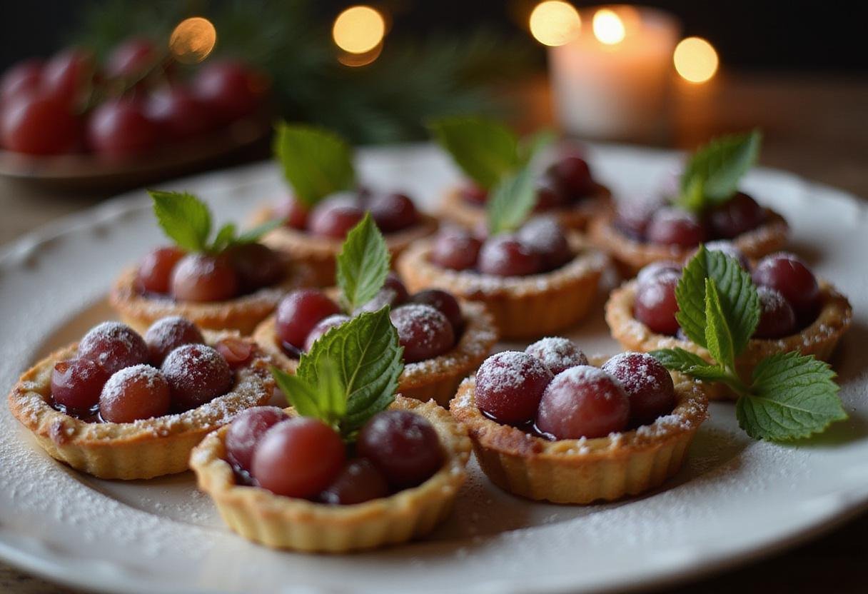 Final display of festive grape tartlets on a platter, featuring a sprinkle of powdered sugar and mint garnish, creating a cheerful and inviting dessert presentation.