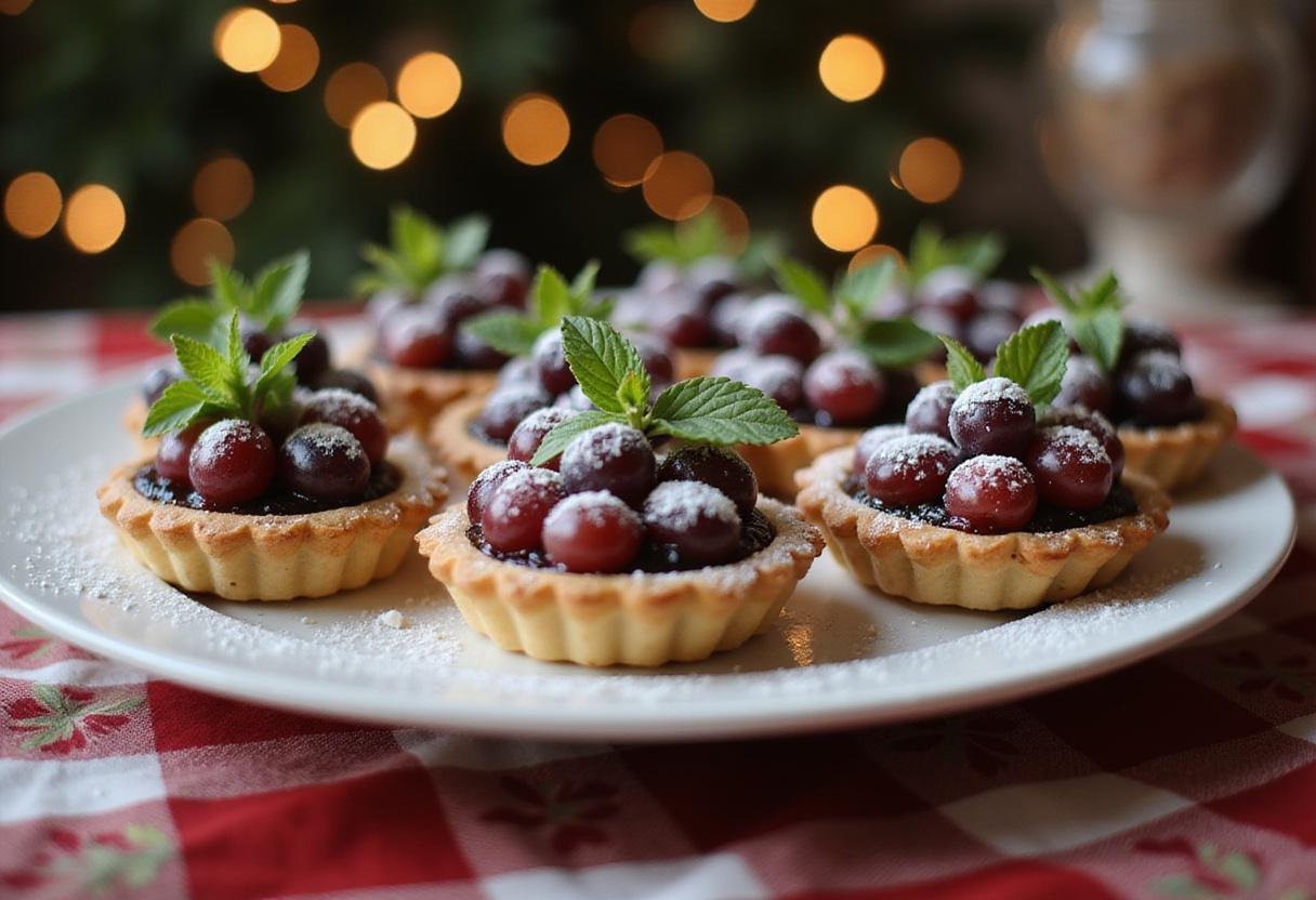 Final display of festive grape tartlets on a platter, featuring a sprinkle of powdered sugar and mint garnish, creating a cheerful and inviting dessert presentation.