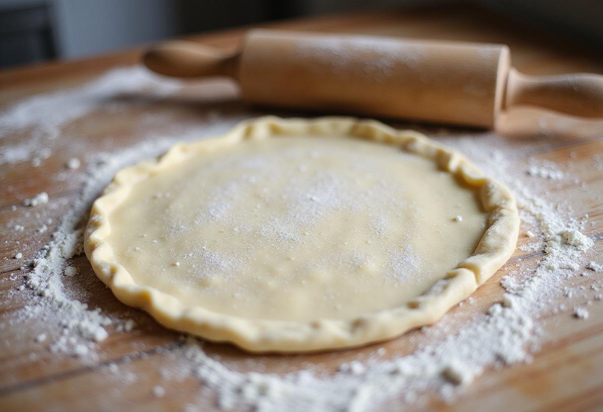 Making pastry dough for festive grape tartlets on a wooden countertop, showcasing flour and a rolling pin in a festive kitchen setting.