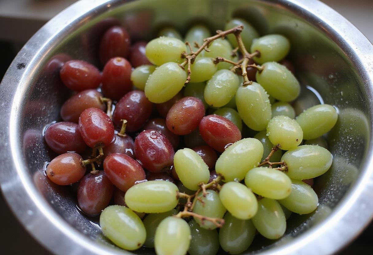 Washing fresh grapes for festive grape tartlets in a colander, highlighting the colors and freshness of the grapes in a vibrant kitchen environment.