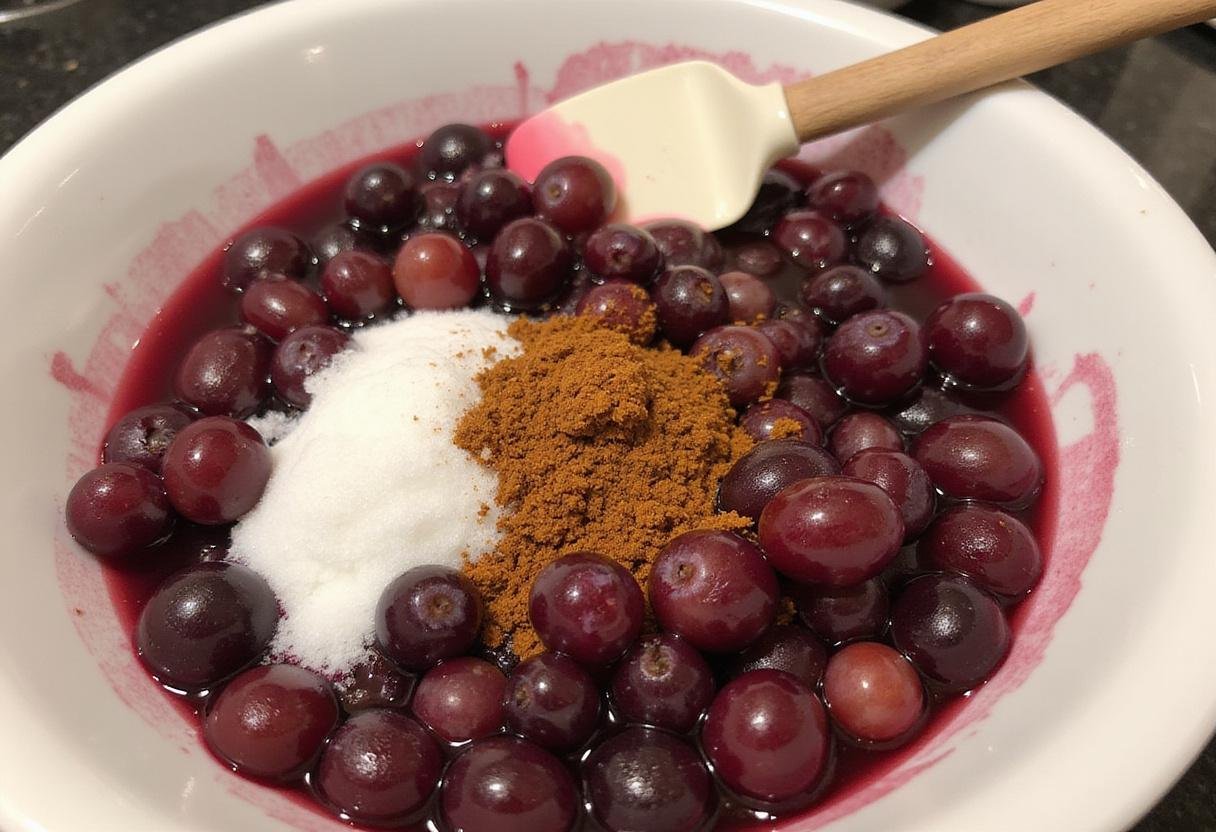 Preparing a grape mixture for festive grape tartlets in a mixing bowl, illustrating the vibrant colors of grapes with added sugar and spices in a cozy kitchen atmosphere.