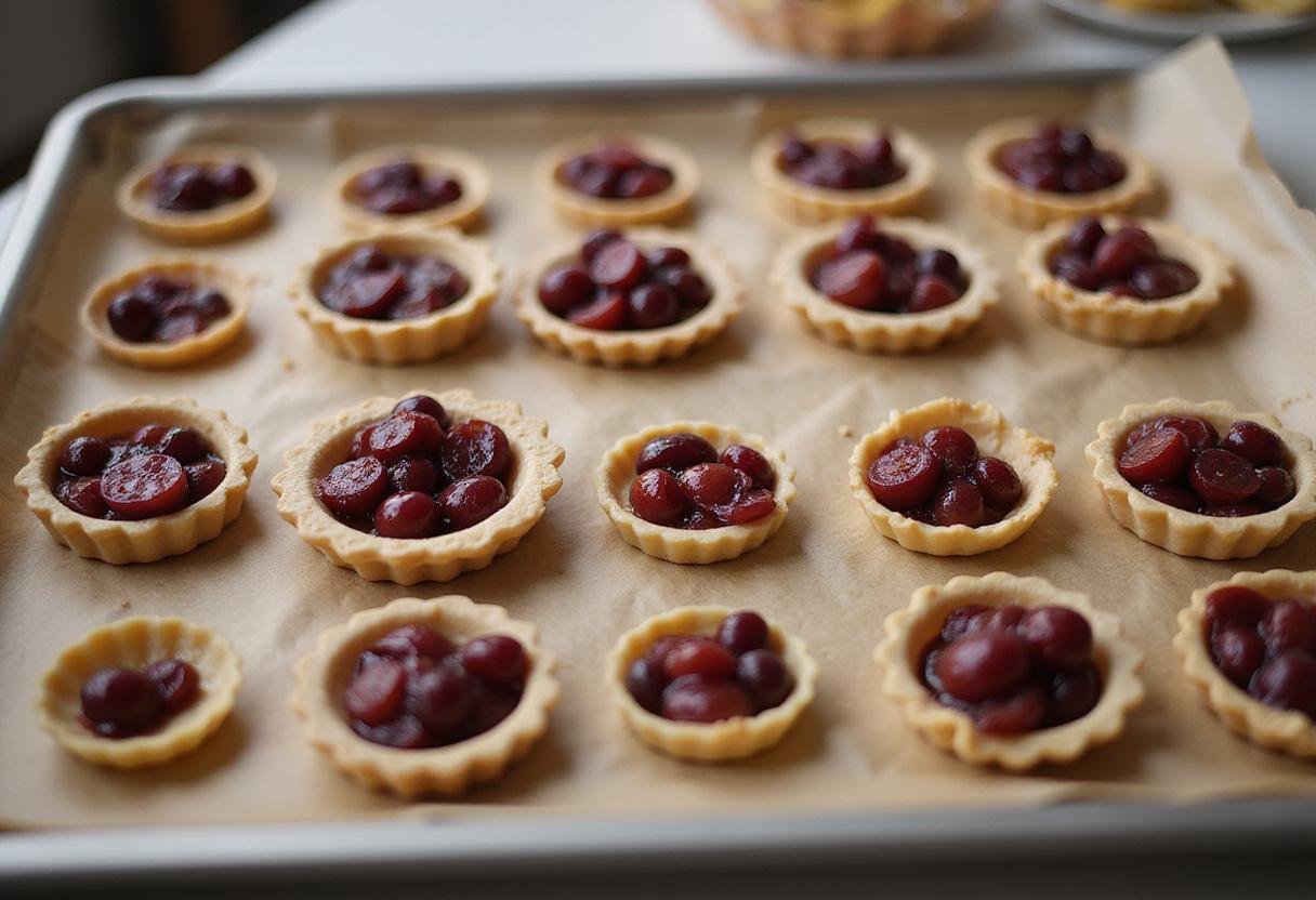 Filling mini tartlet shells with grape mixture for festive grape tartlets, capturing the preparation process in a charming kitchen setting.