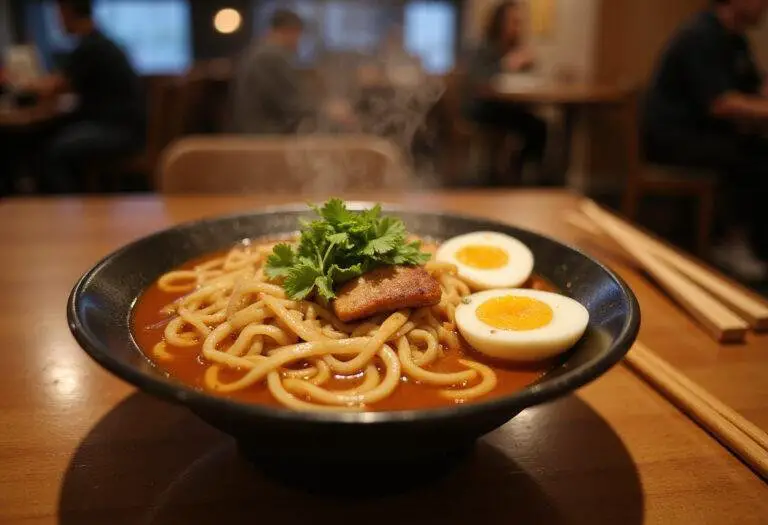 The final presentation of KC Craft Ramen's menu, showcasing a delicious bowl of ramen in a beautifully set dining environment.