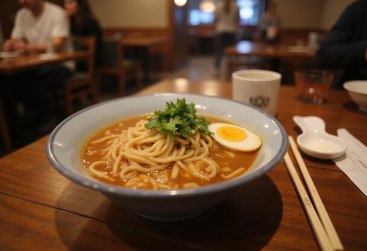 The final presentation of KC Craft Ramen's menu, showcasing a delicious bowl of ramen in a beautifully set dining environment.