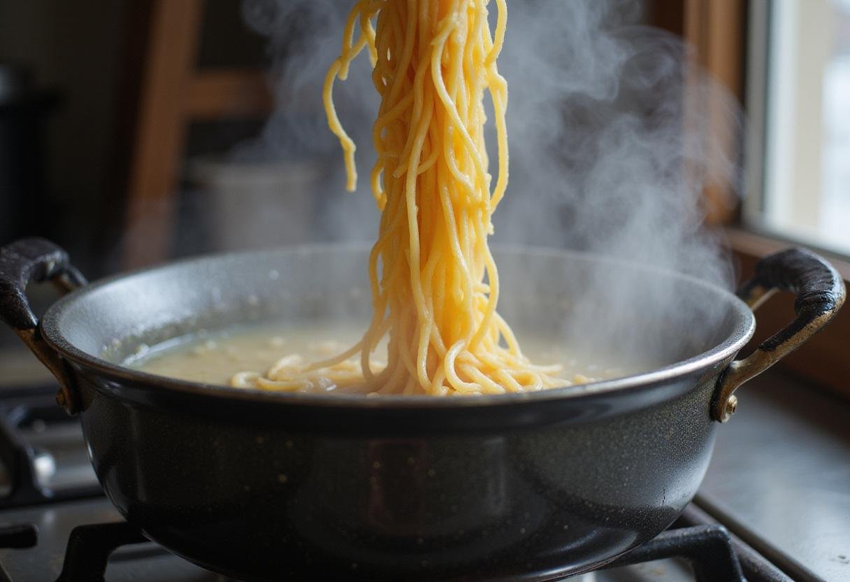 Boiling ramen noodles in a pot for KC Craft Ramen's menu, showcasing the cooking process in a vibrant kitchen.