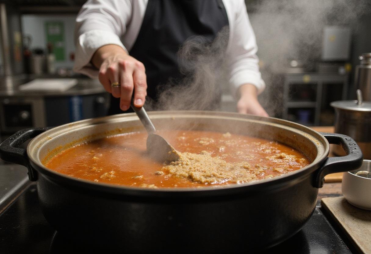 Simmering a flavorful broth for KC Craft Ramen's menu, illustrating the essential cooking step in ramen preparation.