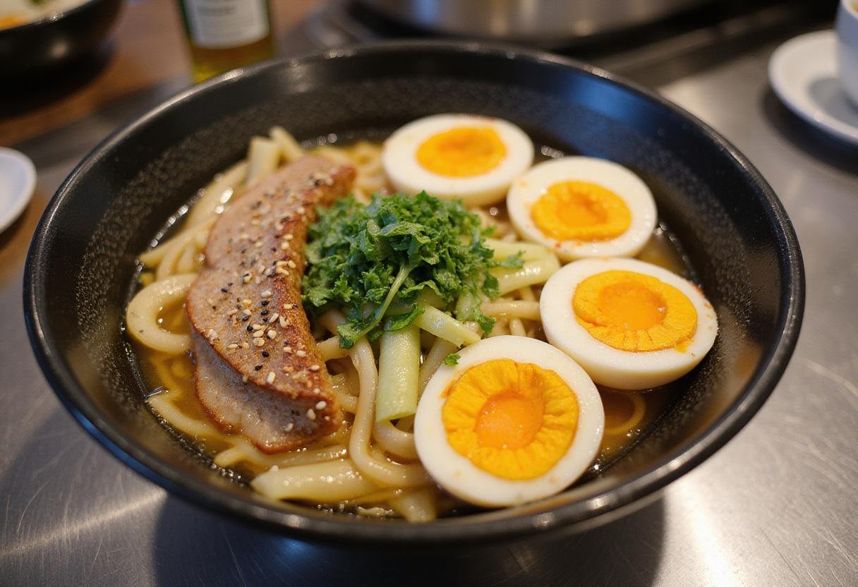 Assembling a stunning bowl of ramen for KC Craft Ramen's menu, showing the artistic presentation of the dish.