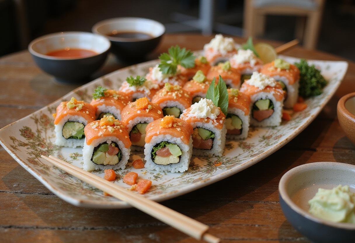 Final presentation of Khin's sushi Richmond experience, showcasing a variety of beautiful sushi rolls enjoyed in Richmond, KY.