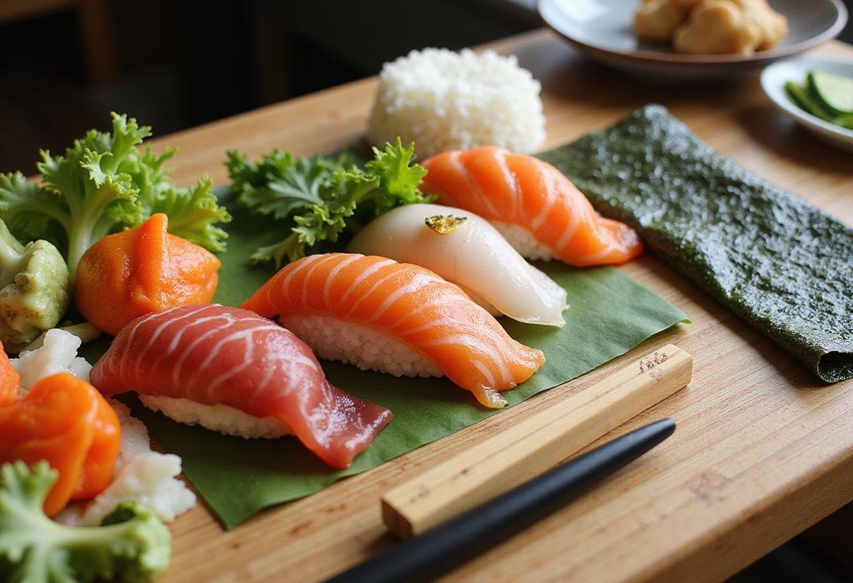 Fresh ingredients for Khin's sushi Richmond experience displayed on a wooden surface, perfect for making sushi rolls in Richmond, KY.