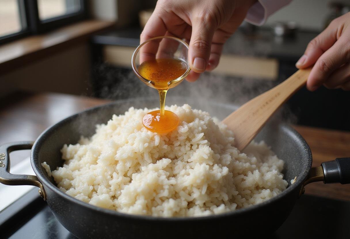 Cooking sushi rice for Khin's sushi Richmond experience, showcasing the preparation of seasoned sushi rice in Richmond, KY.