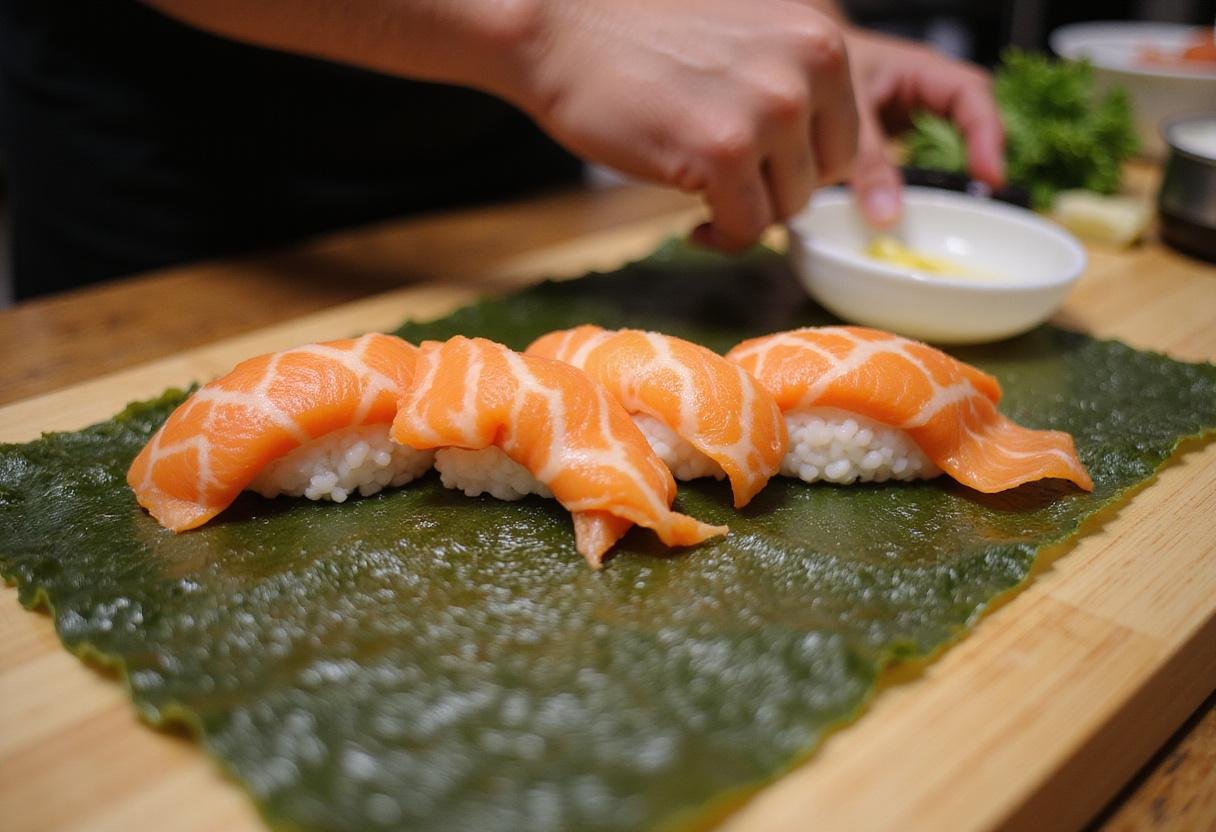 Preparing the sushi roll with seasoned rice and seaweed for Khin's sushi Richmond experience, highlighting the art of sushi making in Richmond, KY.