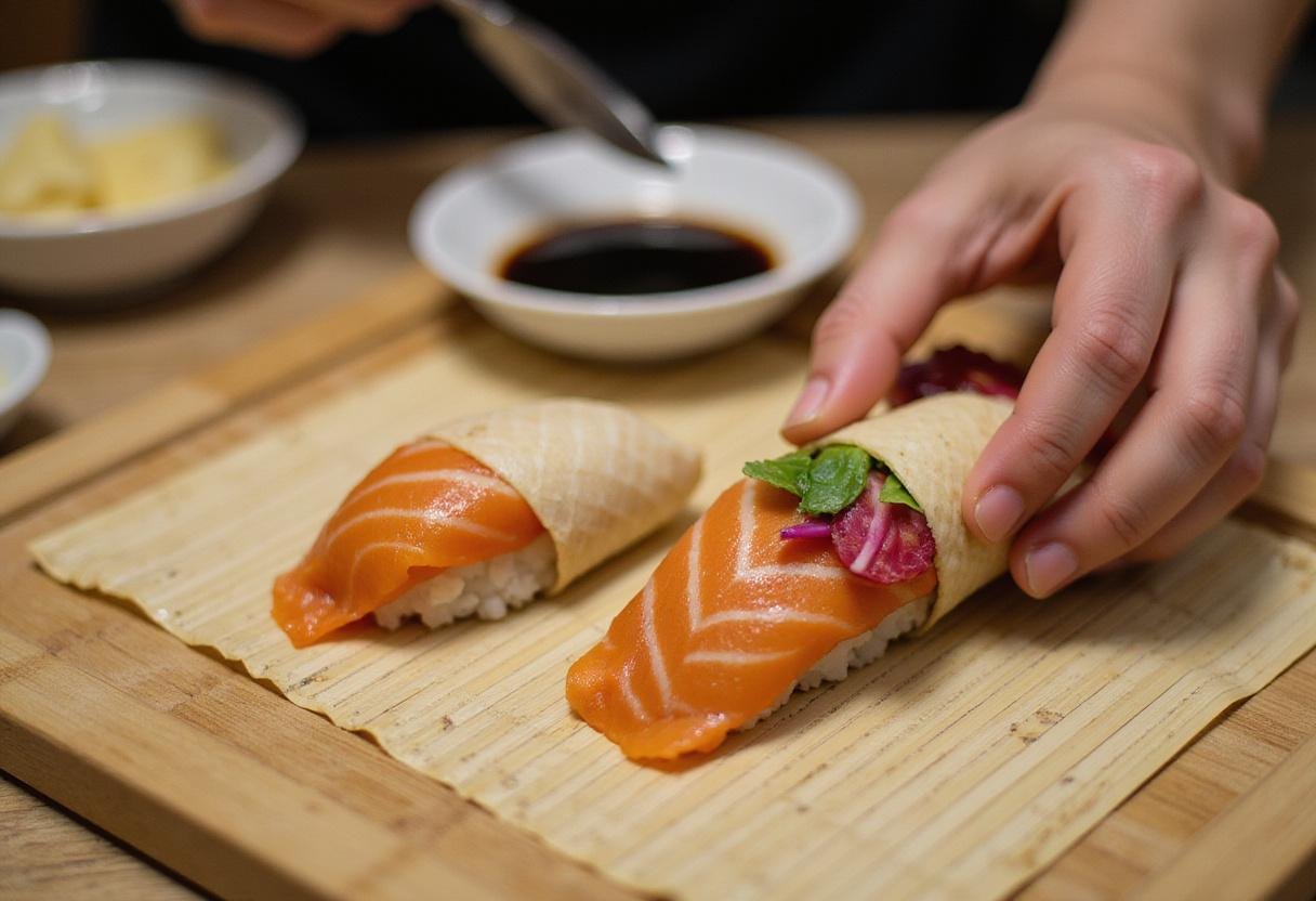 Rolling sushi for Khin's sushi Richmond experience, showcasing the skill of sushi preparation in Richmond, KY.
