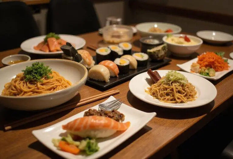 Final presentation of King Noodle & Sushi with artfully arranged sushi and noodles on the dining table.