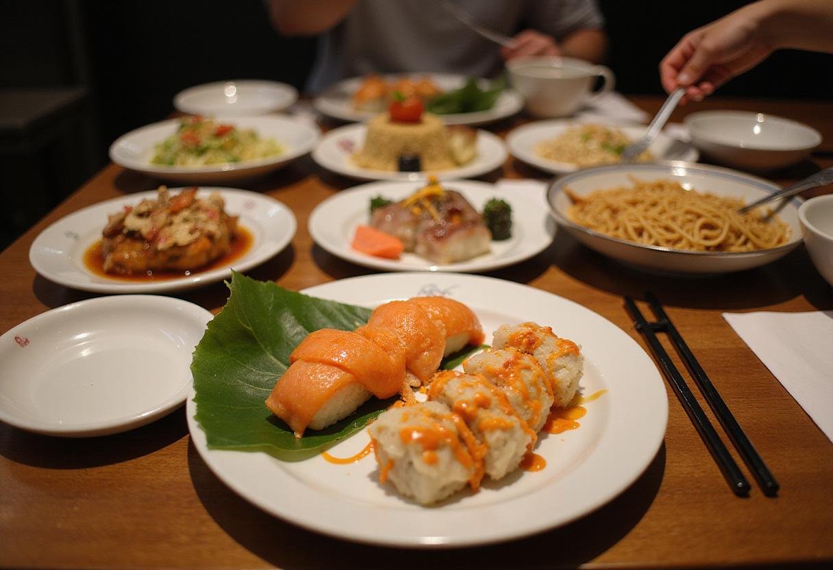 Final presentation of King Noodle & Sushi with artfully arranged sushi and noodles on the dining table.