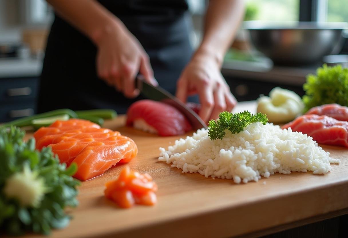 Fresh sushi preparation with colorful vegetables and quality fish for King Noodle & Sushi.