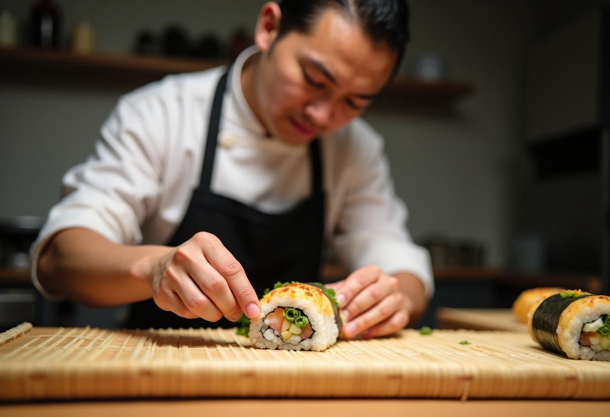 Rolling sushi with fresh ingredients in a traditional bamboo mat showcases King Noodle & Sushi expertise.