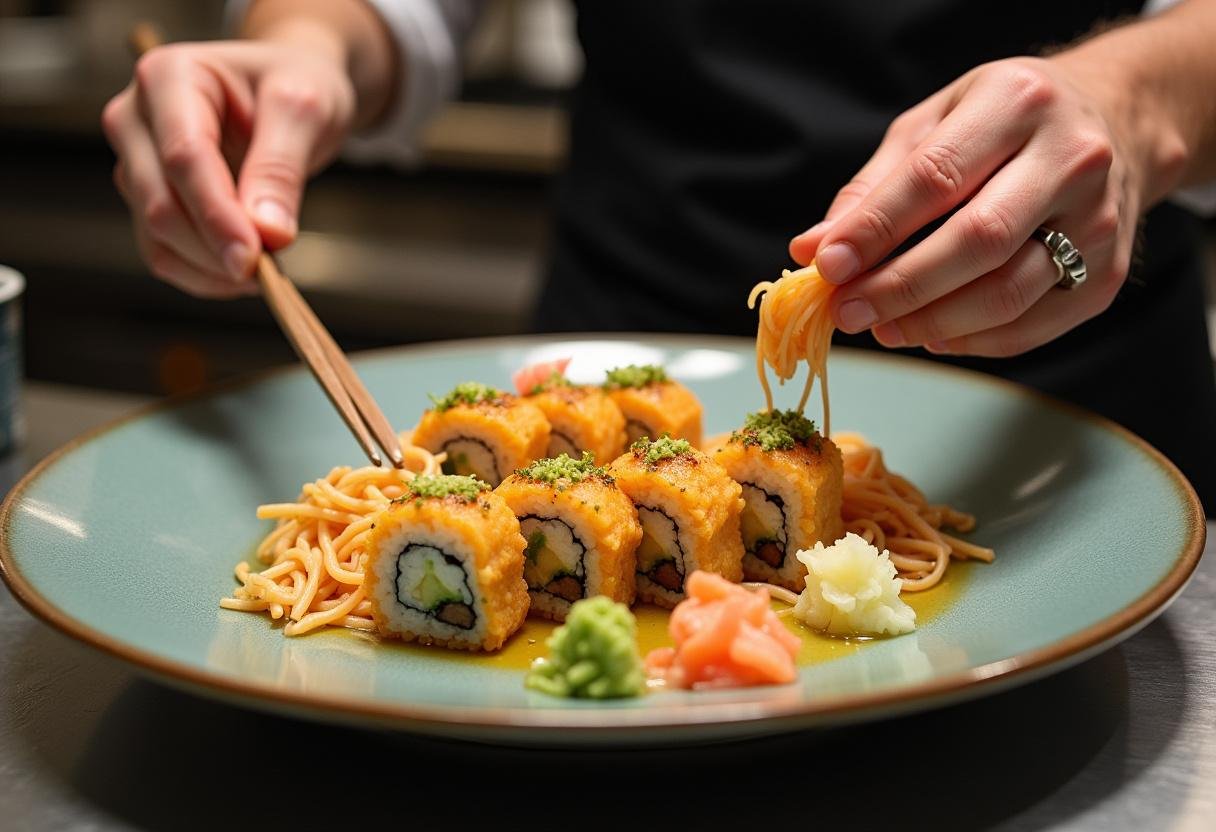 Beautifully plated sushi rolls and fresh noodles ready to serve, highlighting the King Noodle & Sushi presentation.