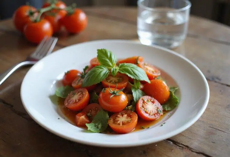 Finished kumato tomato salad served on a rustic wooden table, showcasing the vibrant colors and flavors of kumato tomatoes.