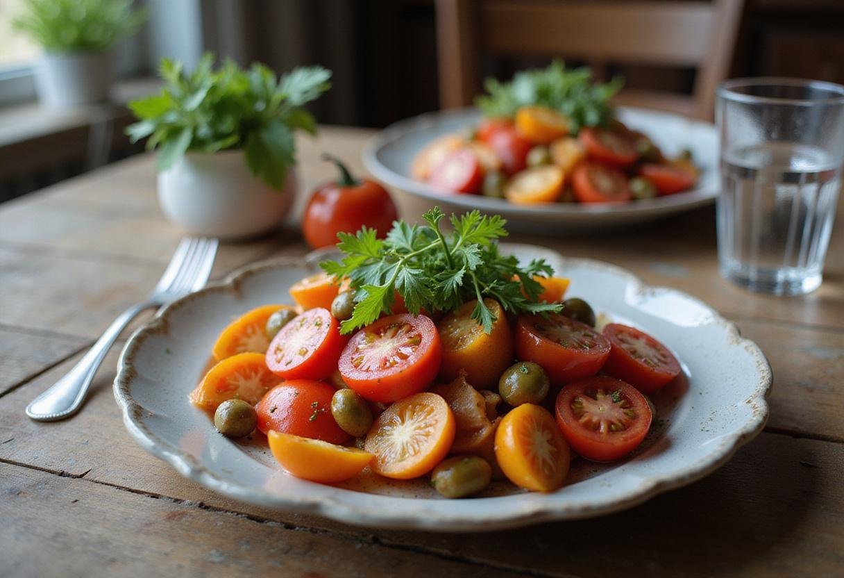 Finished kumato tomato salad served on a rustic wooden table, showcasing the vibrant colors and flavors of kumato tomatoes.