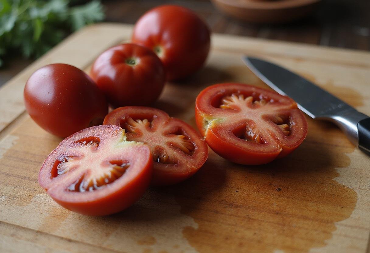 Slicing fresh kumato tomatoes on a wooden cutting board, highlighting the unique color and taste of kumato tomatoes.