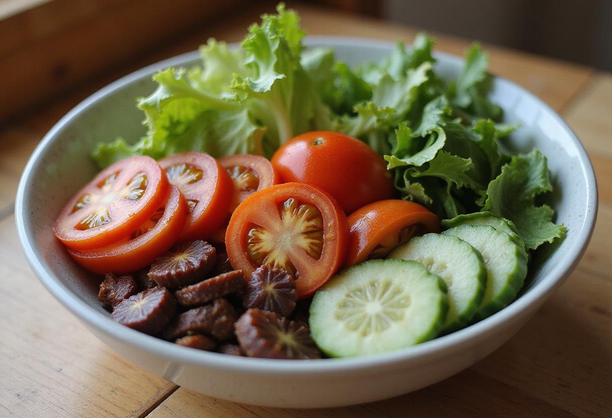Preparing a colorful salad with fresh kumato tomatoes, lettuce, and cucumbers, emphasizing the freshness of kumato tomatoes.