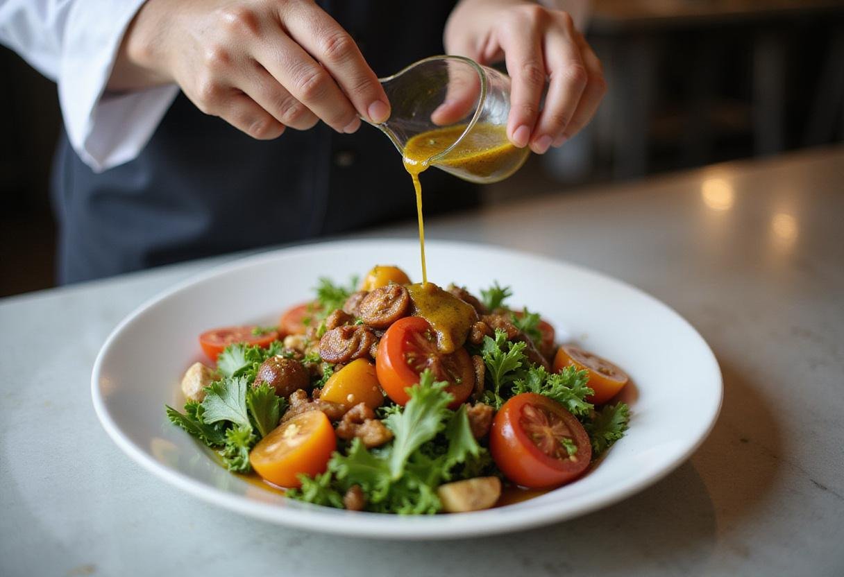 Adding vinaigrette to a salad with fresh kumato tomatoes, showcasing the flavorful combination for a delicious meal.