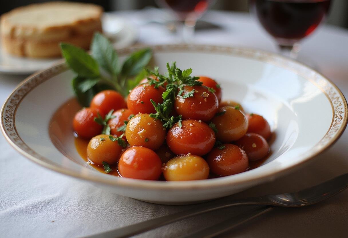 Display of a finished kumato tomato salad, beautifully plated and garnished, perfect for any meal.