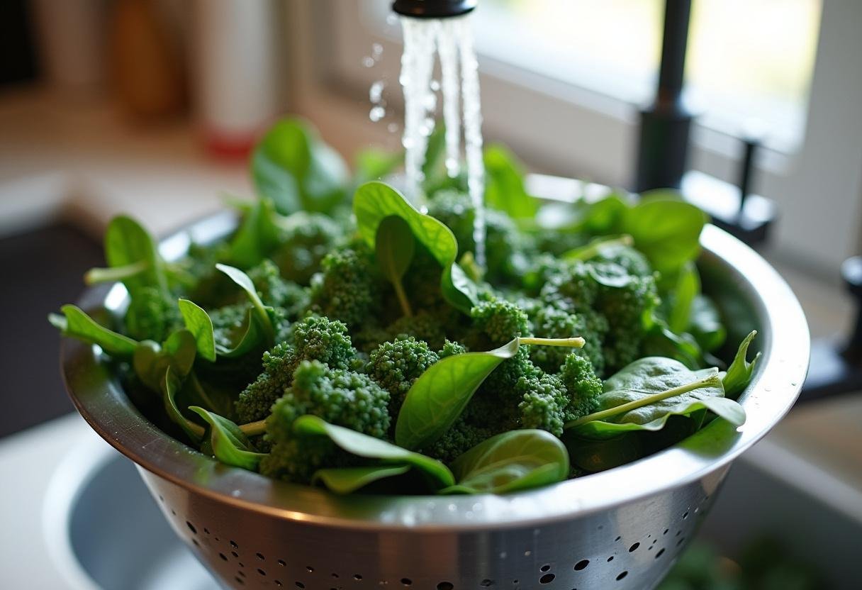 Fresh greens being washed for a healthy Lean & Green Bowl recipe.