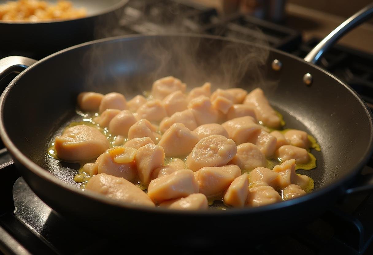 Diced chicken being cooked with garlic for a delicious Lean & Green Bowl.