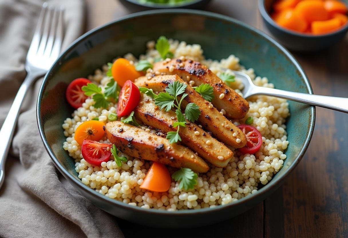 Quinoa bowl prepared with sautéed chicken and fresh vegetables for Lean & Green Bowl.