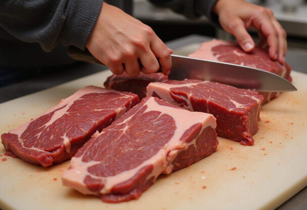 Healthy beef jerky preparation showing lean beef cuts trimmed for the healthiest beef jerky.