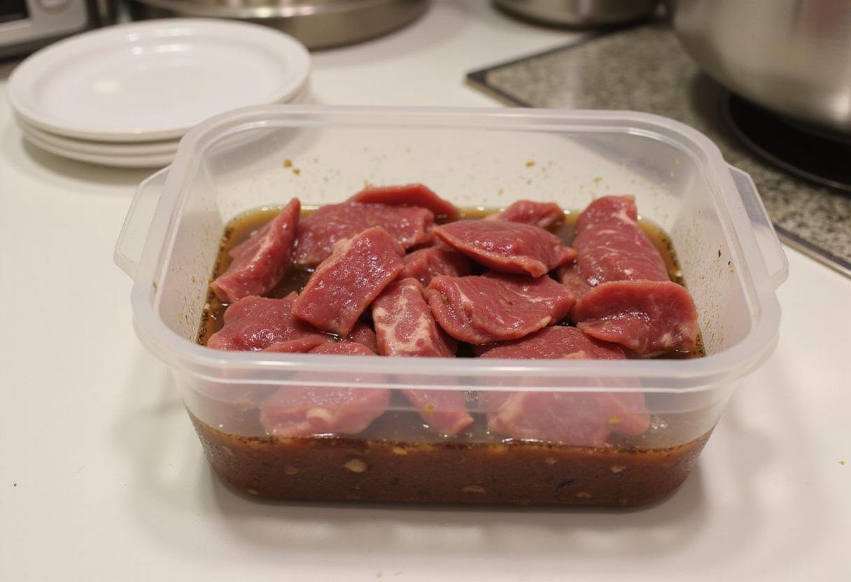 Beef strips soaking in a marinade to create flavorful and healthy beef jerky, showcasing the process of making the healthiest beef jerky.