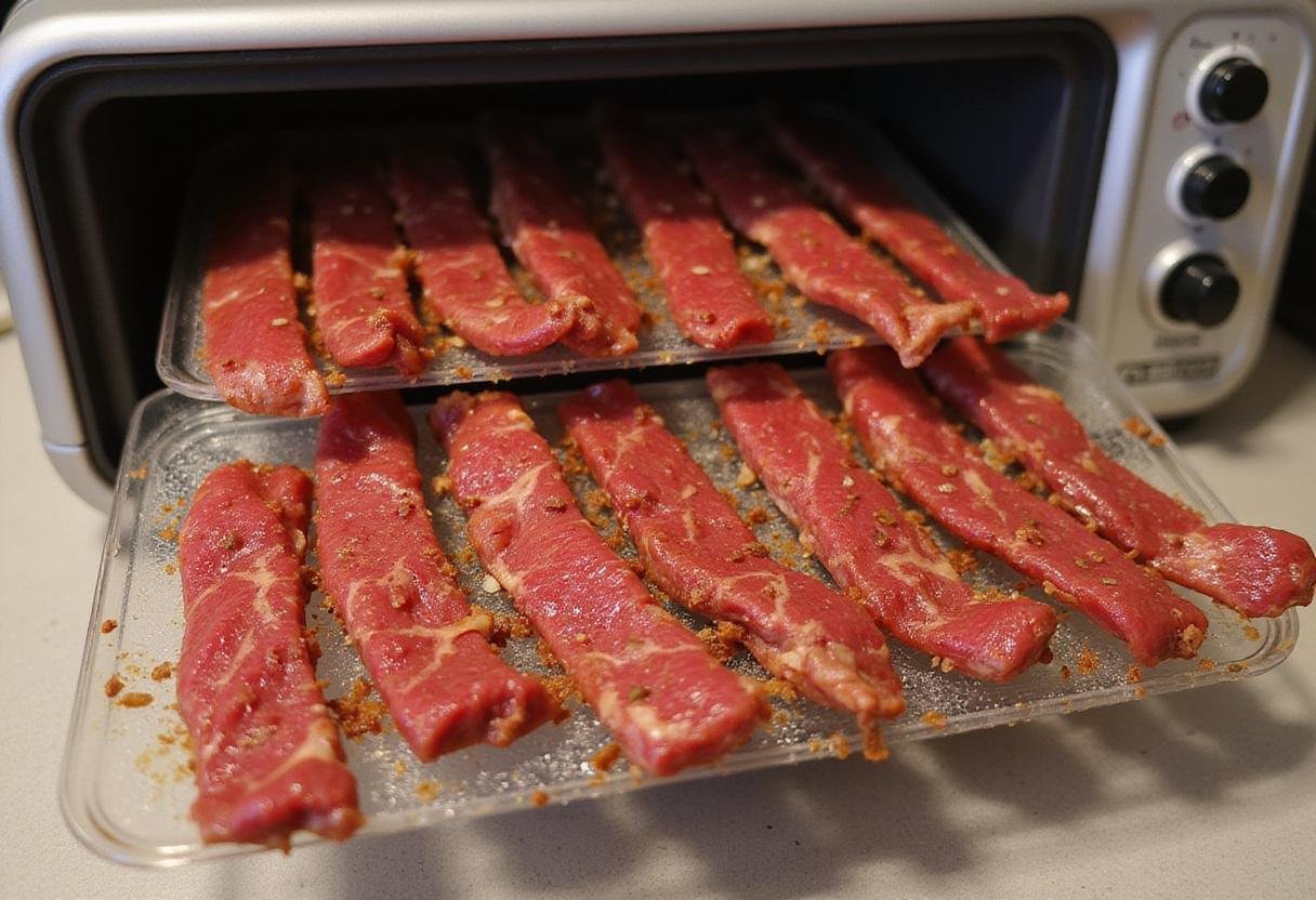 Beef jerky drying in a dehydrator, illustrating the final step to achieve the perfect healthiest beef jerky texture.