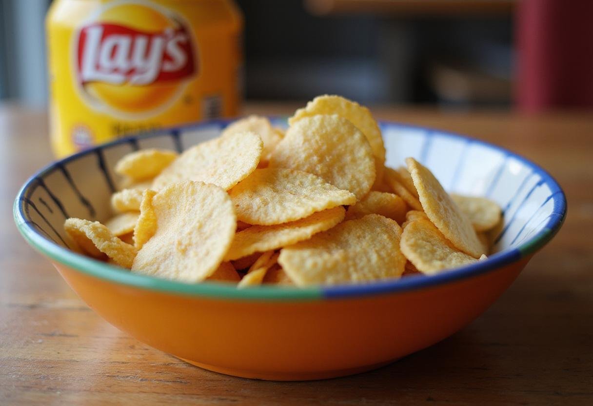Final presentation of light Lay's Potato Chips in an enticing bowl, visually appealing and showcasing low calories for a healthy snack.