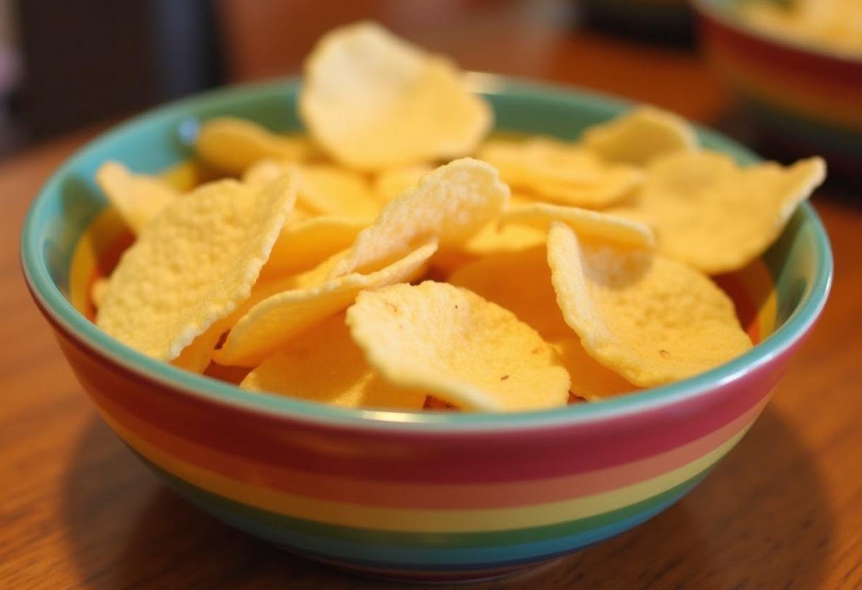 Final presentation of light Lay's Potato Chips in an enticing bowl, visually appealing and showcasing low calories for a healthy snack.